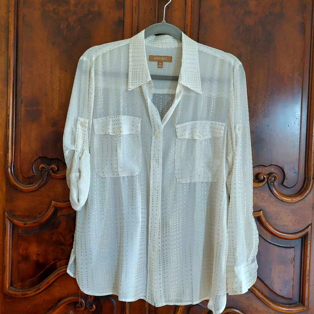 Ellen Tracy Sheer Ivory and gold blouse